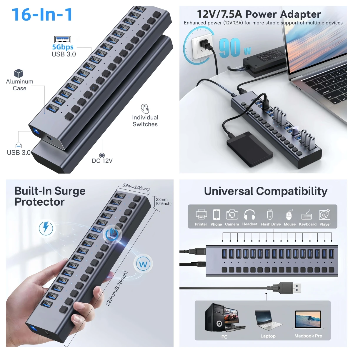 USB Hub 3.0 High Speed Multiport 16 10 7 Ports On Off Switch with Power Supply USB Splitter Adapter Multiple Port Extension