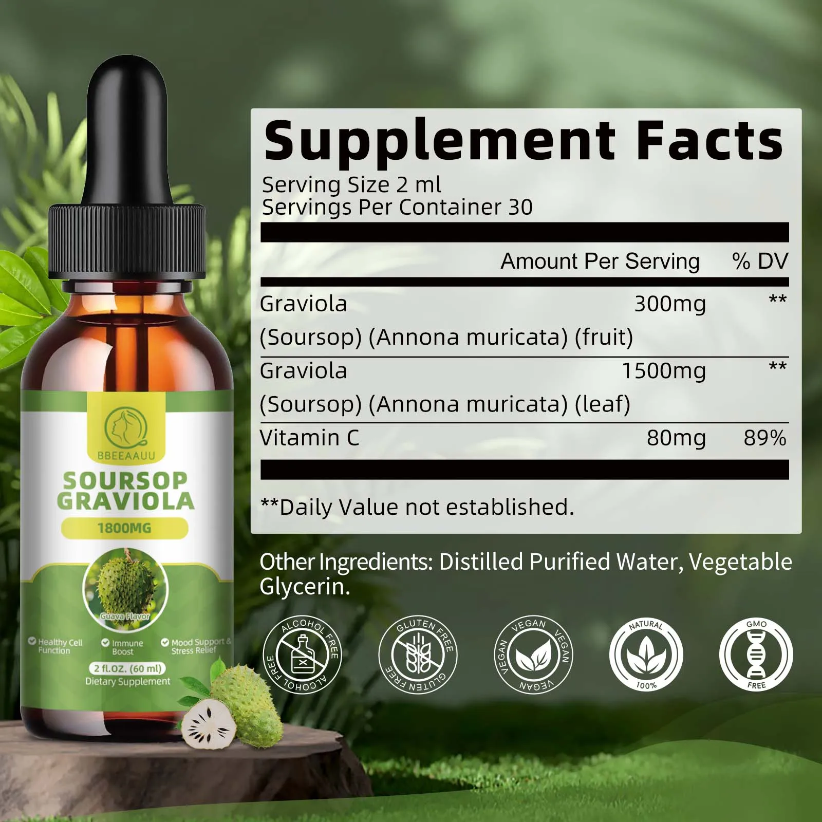 BBEEAAUU 60ml Natural Soursop Graviola Extract Drops Support Immunity and Kidney Health, Detox and Antioxidation Gluten-Free