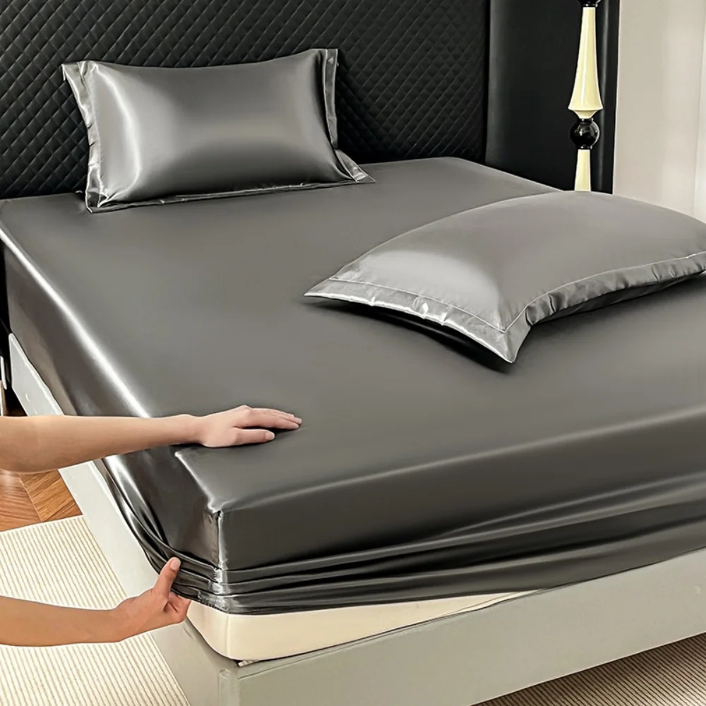 Cooling Ice Silk Fitted Sheet Set Machine Washable Solid Color Full Wrap Mattress Protector with Pillowcases for Bedroom Use