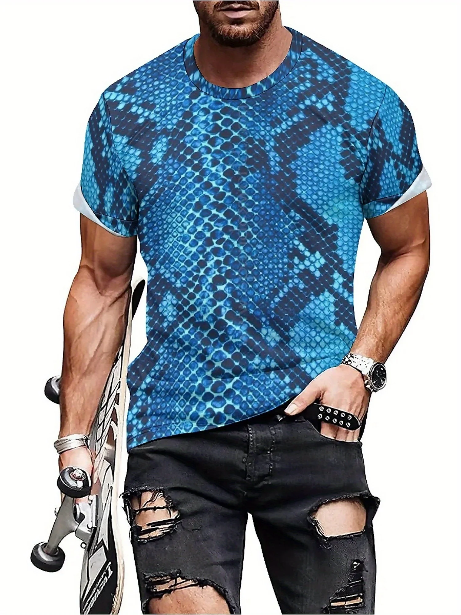 Men'S Plus Size 3D Snake Print T-Shirt - Soft, Comfortable Polyester Fabric, Short Sleeve Crew Neck
