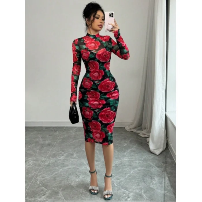 

Ele Long Sve Bodycon Dr Square Collar Rose Patterned Wrap around mid Length Polyester Fiber Formal Ocn Wear