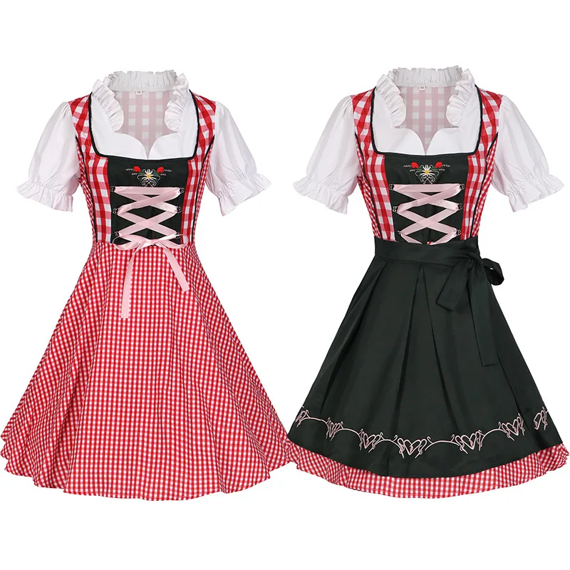 Women's Maid Wench Dirndl Dress with Apron Bavarian Oktoberfest Traditional Party Clubwear Halloween Stage Performance Costume