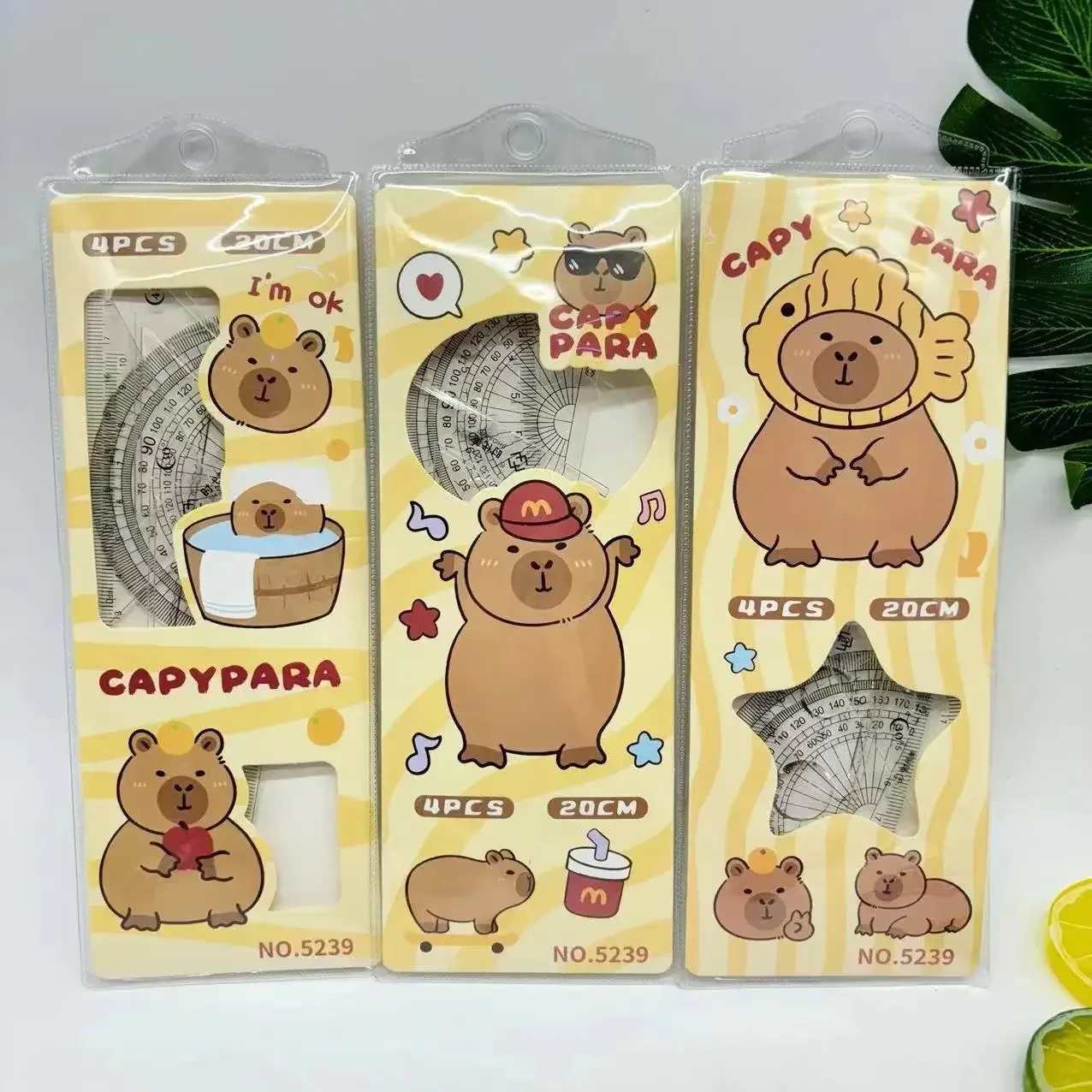 New 3Set Capybara Anime Kawaii Cartoon Ruler Set Cute Cartoon Students Stationery Triangle Protractor Set Kids Gift