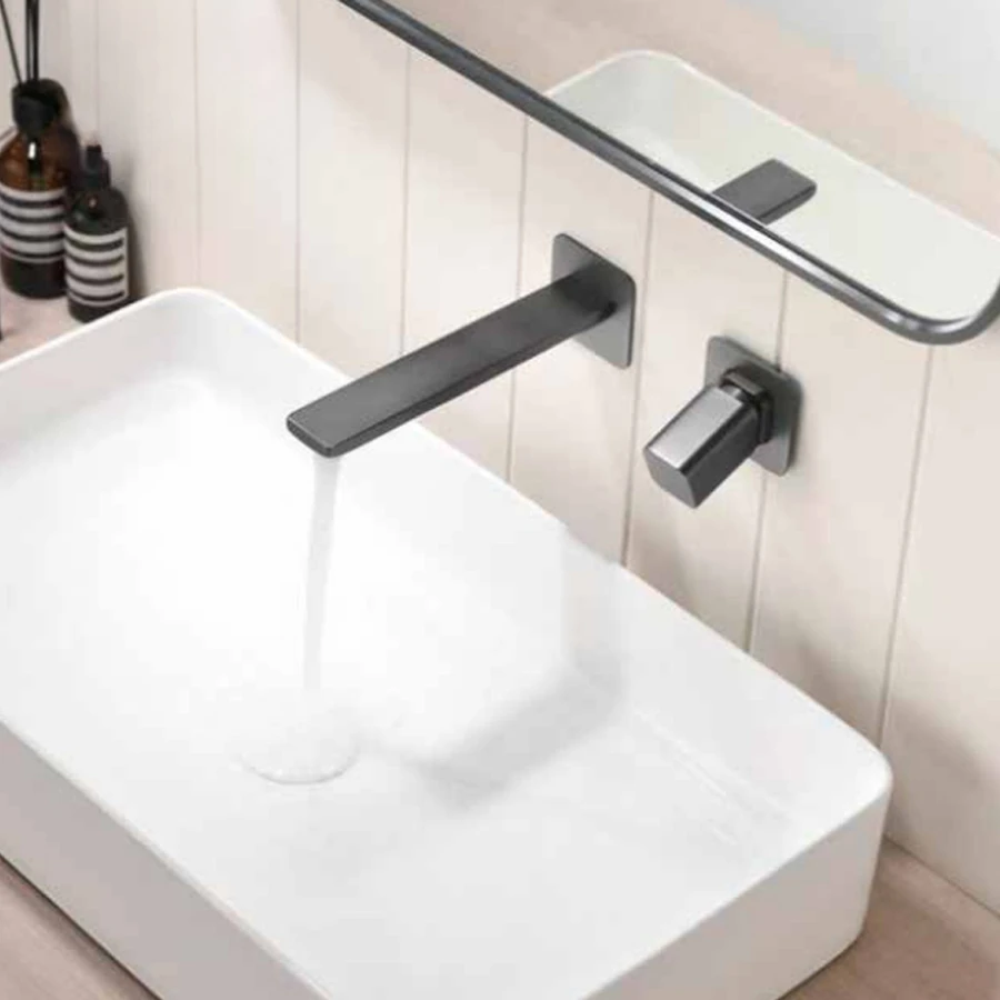 Brass brushed gunmetal hidden wall mounted concealed 2 hole square design basin taps bathroom faucet