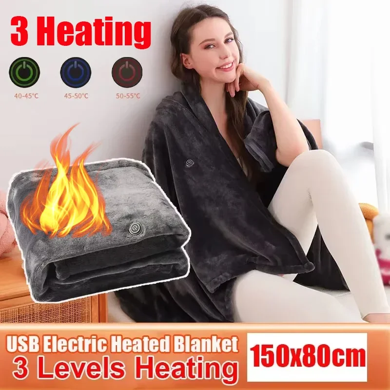 150x80cm USB Electric Heated Blanket 3 Heating Levels Body Warmer Blanket Portable Flannel Velvet Blanket for Household Office