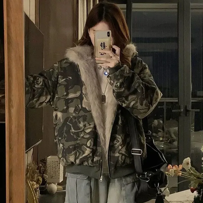 Unisex Quilted Coats Thickened Camouflage Hooded Zipper Jacket Faux Fur Trim Y2K Coats Mens Womens Camo Black Grey Jacket 2025 view 2