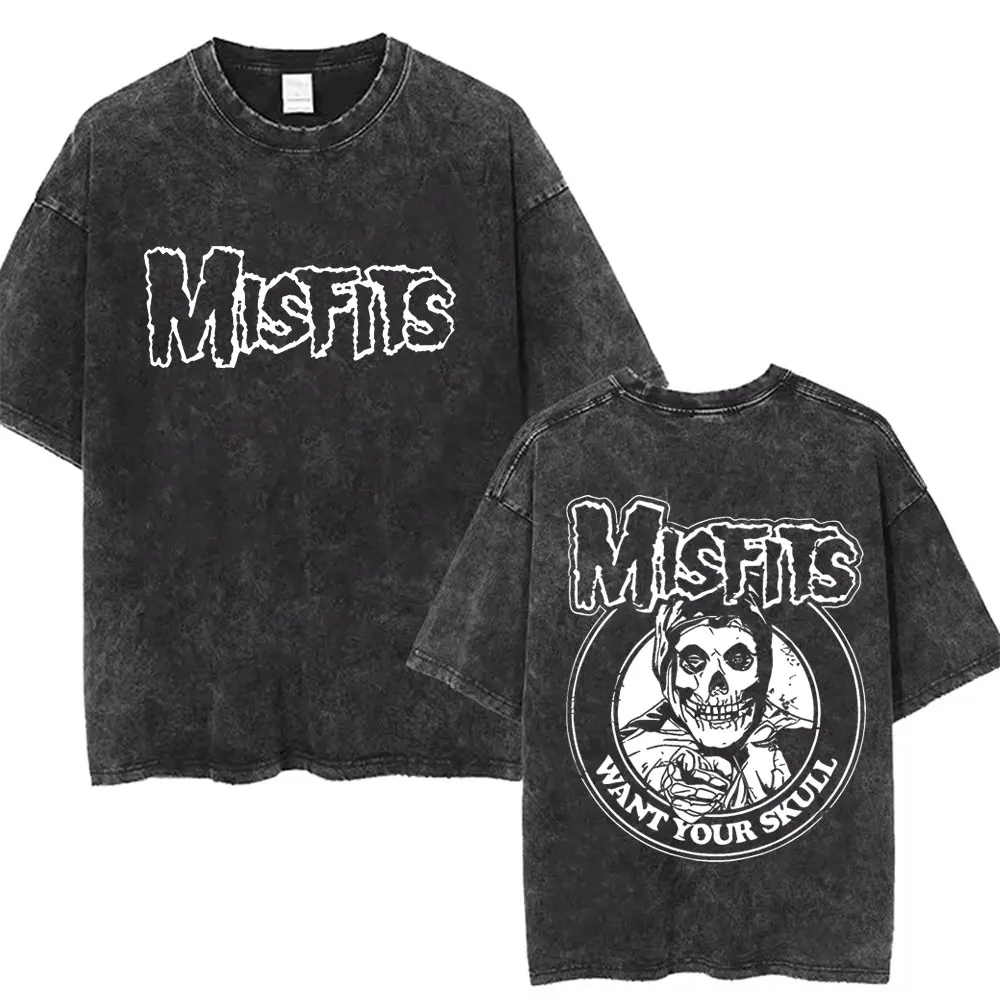 

Washed Vintage Hardcore Punk Band Misfits Want Your Skull T-shirts Horror Skeleton Graphic T Shirt Male Rock Oversized Tshirt