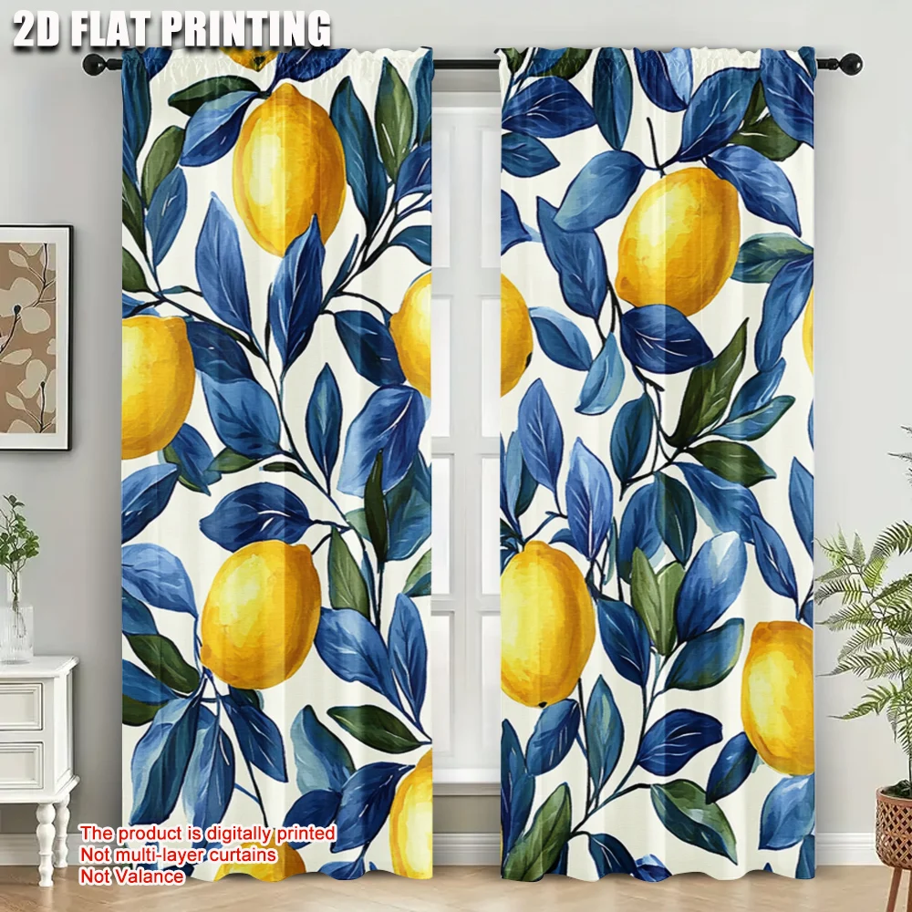 2pcs, Curtain Popular 2D print Lemon and Leaf Versatile Polyester (without rod) Thermal Insulation, and Room Darkening Functions