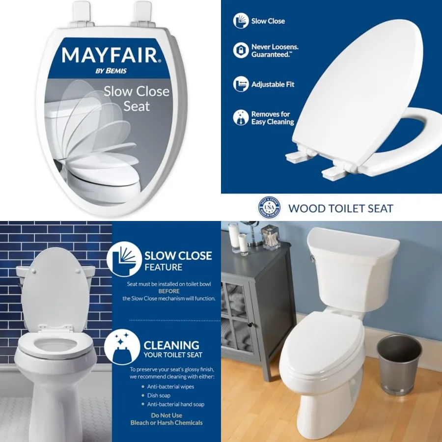 

Cassel Slow Close Toilet Seat, Non Slip Premium Wood Seat, Easy Install, Made in USA,,White