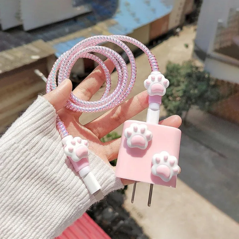 고양이 발 케이블 와인더 USB 충전기 어댑터, 소프트 커버 케이블 랩 보호대, 안드로이드 아이폰 데스크 정리함, 홈 오피스용, 1 세트