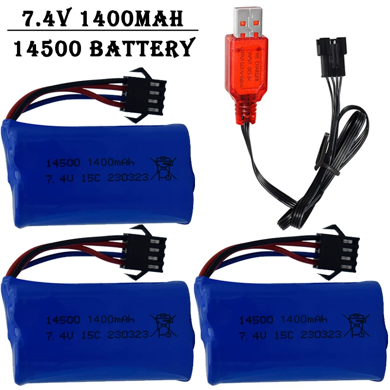 Pengisi daya USB untuk senjata air RC truk kapal helikopter aksesori baterai 7.4V 1400mAh 14500 baterai lithium-ion/dengan colokan SM4P/pengisi daya USB