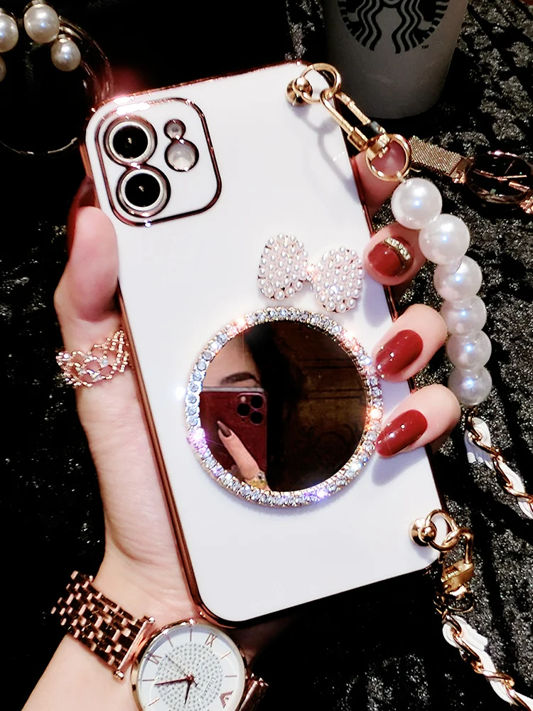 

Fashion Pearl Butterfly Makeup Mirror Soft Case For Iphone 16 15 14 13 11 12 Pro Max Mini 7 8 Plus Xr X Girl Phone Cover Fundas