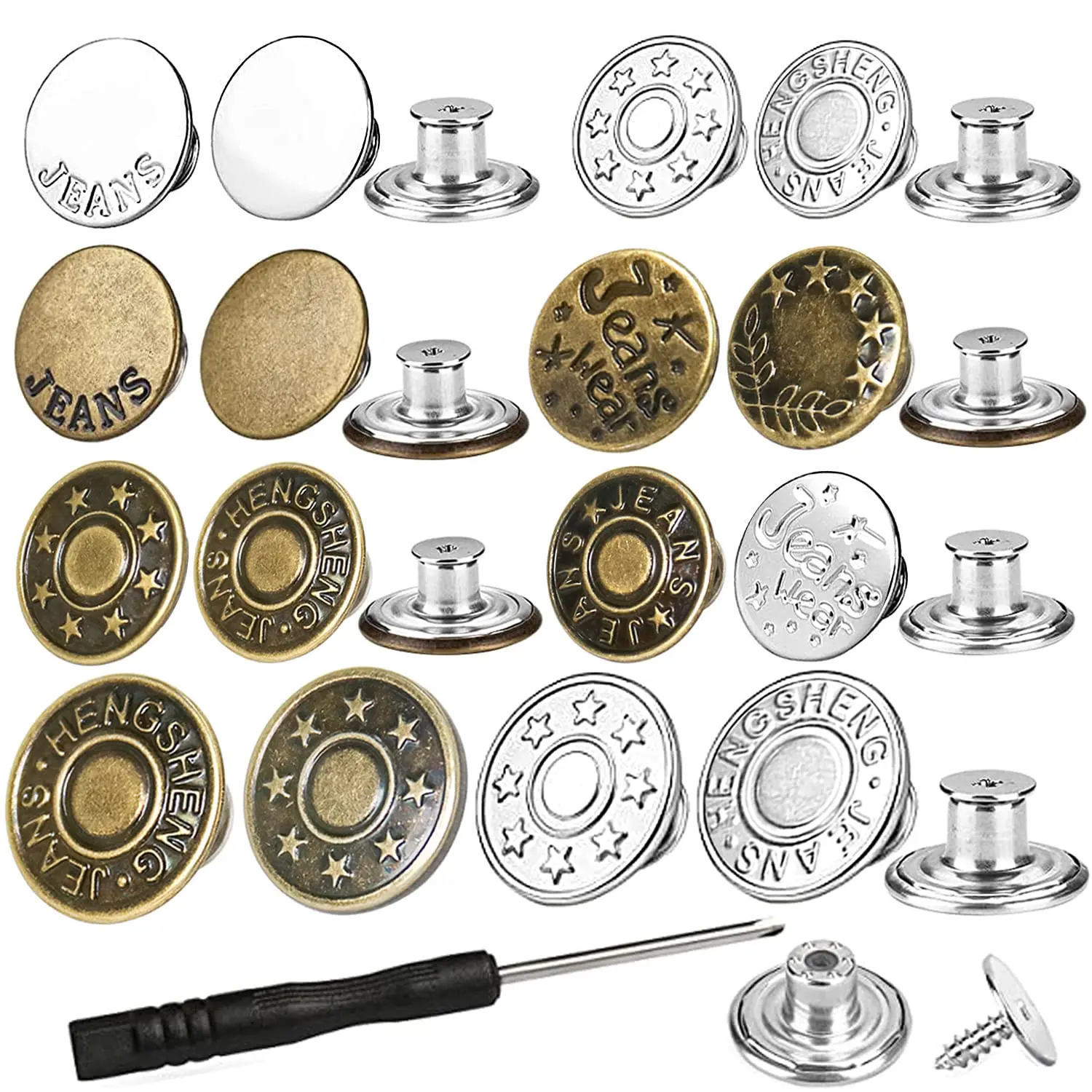 10Pcs Jeans Button for Sewing 17mm No-Sew Removable Metal Pants Buttons Replacement Repair Combo Thread Rivets and Screwdrivers
