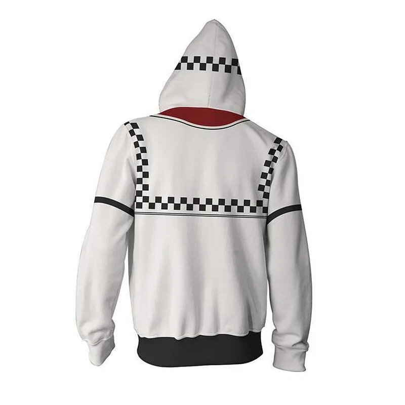 Anime Cosplay Hoodie White Black Checkerboard Print Pullover Game Character Style Hooded Sweatshirt Unisex Streetwear Casual Top