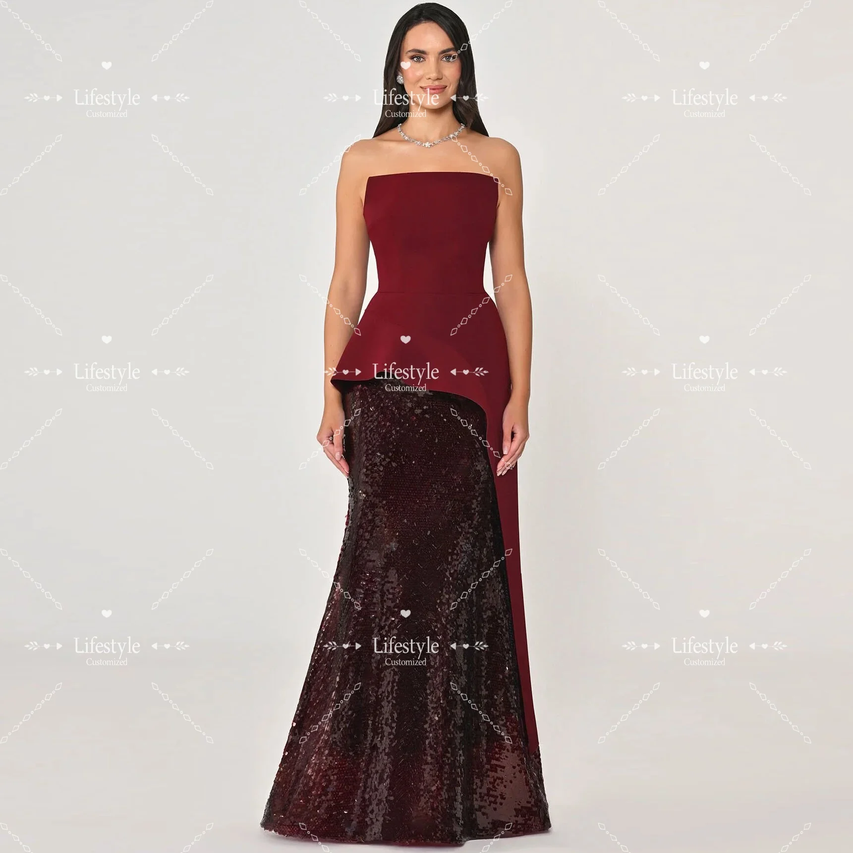 

Customized Sleeveless Burgundy Jersey SEquin Evening Dress Strapless Prom Gown Special Occasion Party Dresses