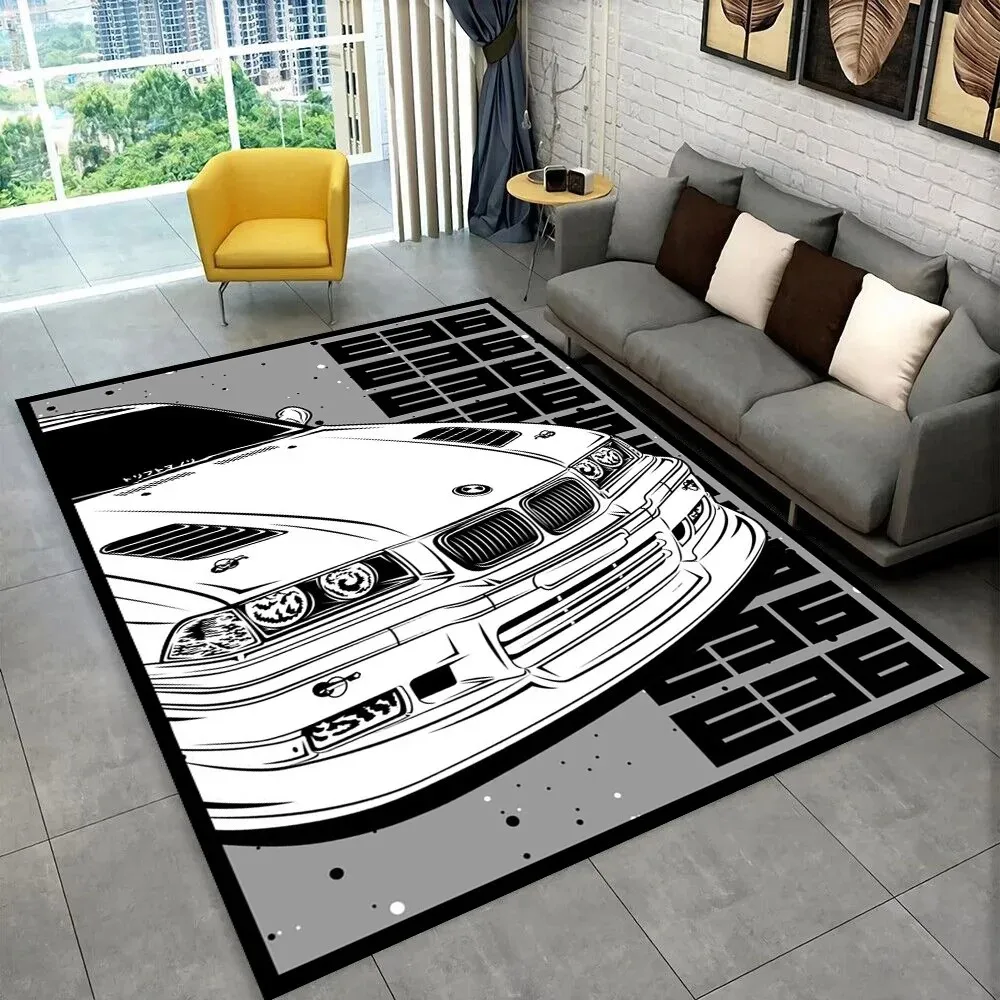 VIKAMA Black White Sports Car Rug Flannel Non Slip Decorative Floor Mat Men Garage E Sports Chair Modified Car Lover Decor