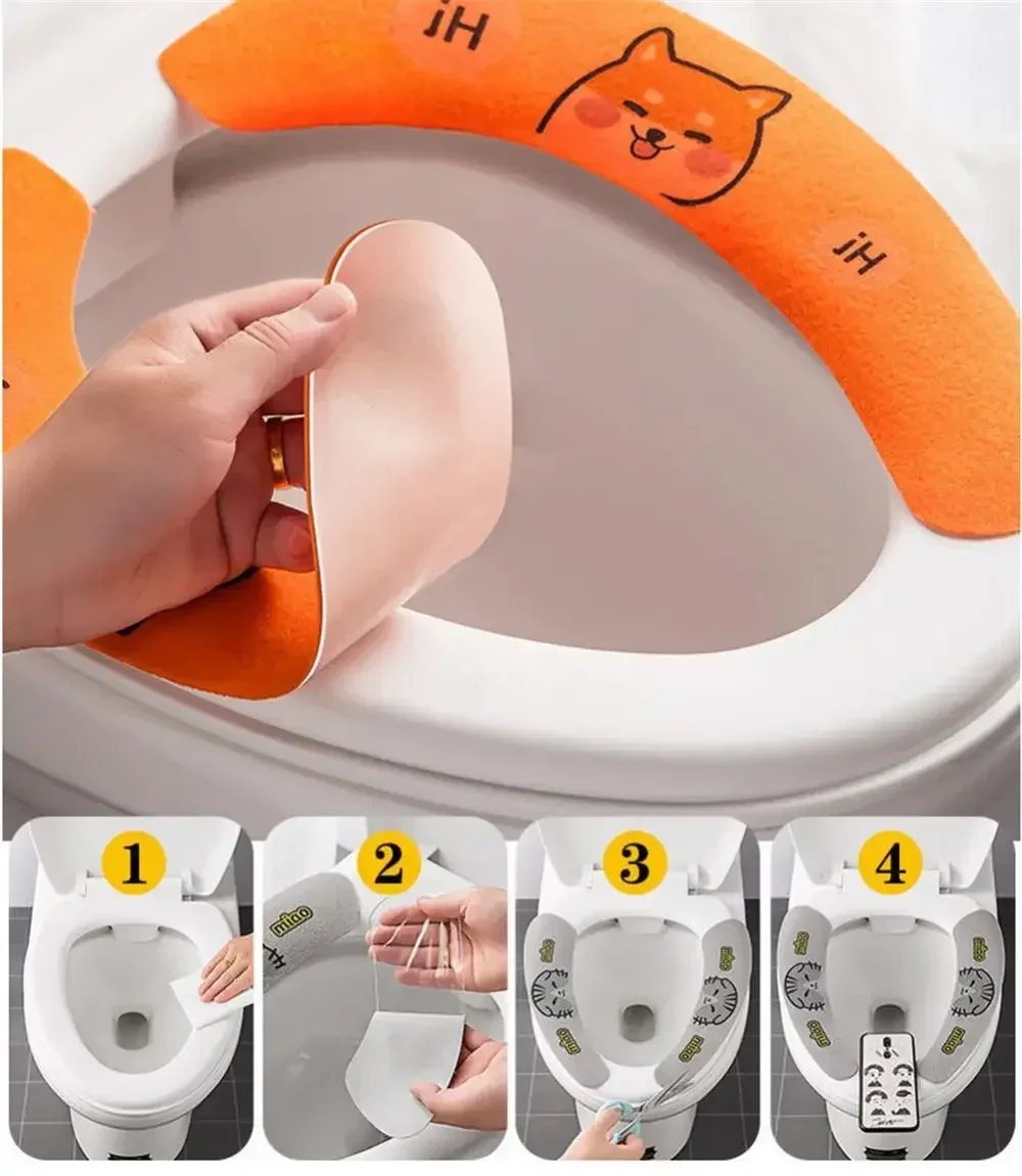 1 Pair Paste Toilet Seat Cover Cartoon Washable Bathroom Toilet Seat Pad Cute Reusable Soft Thick Sticky Seat Mat