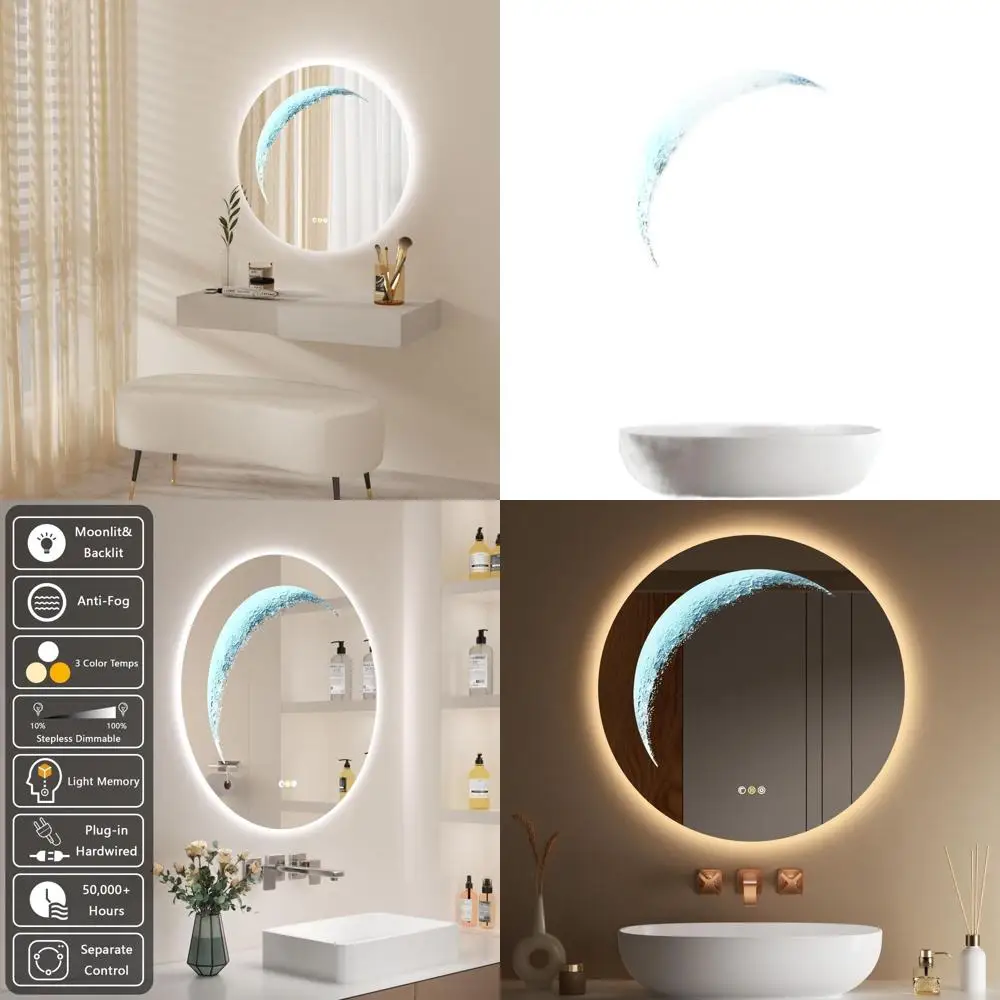 

Frameless 24 Round LED Vanity Mirror with Backlit, Half Moon Accent, Anti-Fog, 3 Color Modes & Dimmable Lighting for Bathroom, B