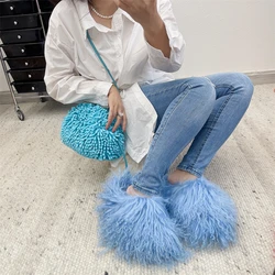 Fashion Women Mongolia Fur Furry Shoes Mongolian Fluffy Sandals Women's Fur Slippers Winter Warm Slides