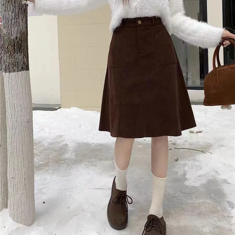 

Милая, простая, свободная полуюбка на пуговицах, осень-зима, универсальные корейские вельветовые юбки больших размеров, повседневная модная женская одежда