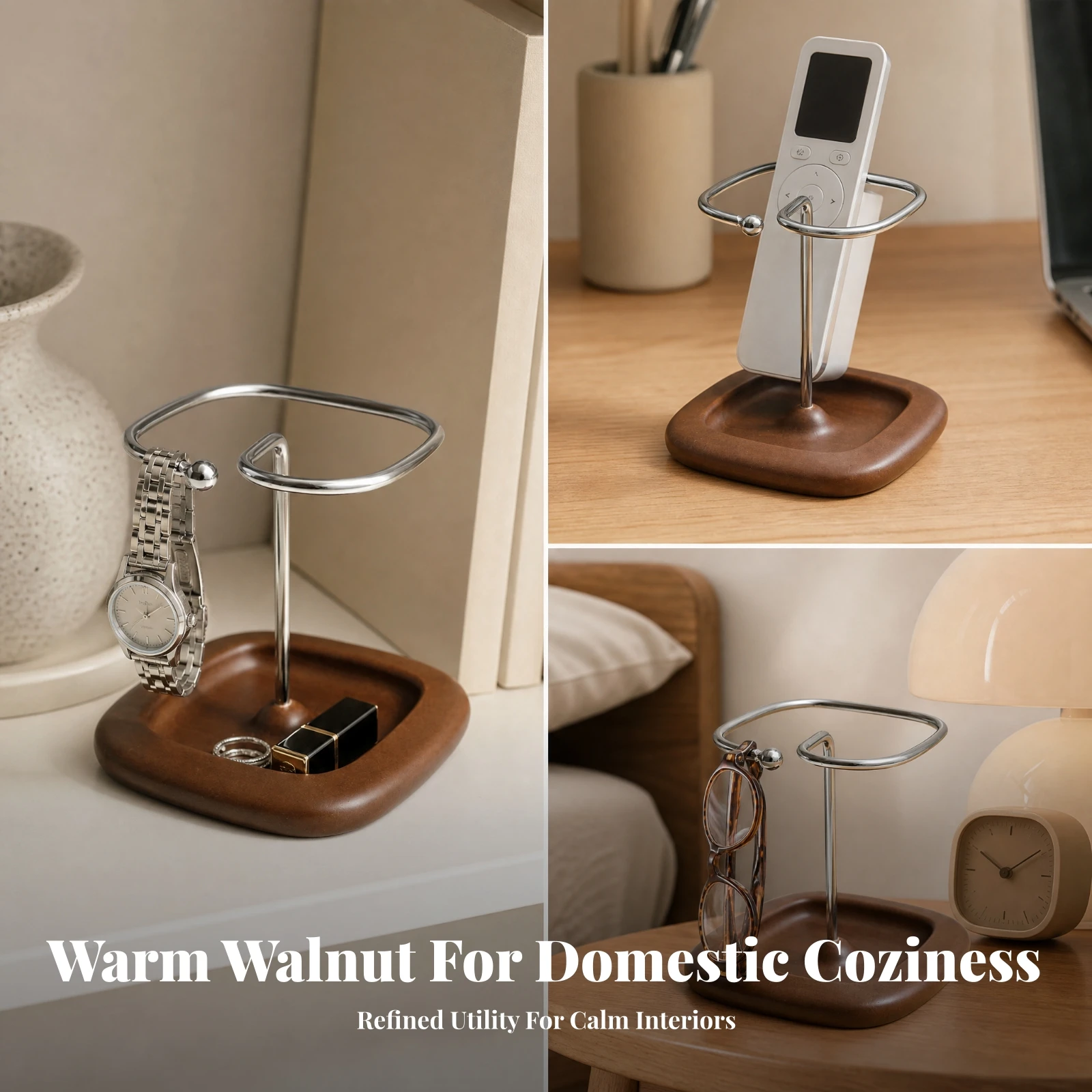 Controller Control Holder with Wood Base Space-Saving Tabletop Controller Organizer Desk Organizer Walnut-Colored Compact