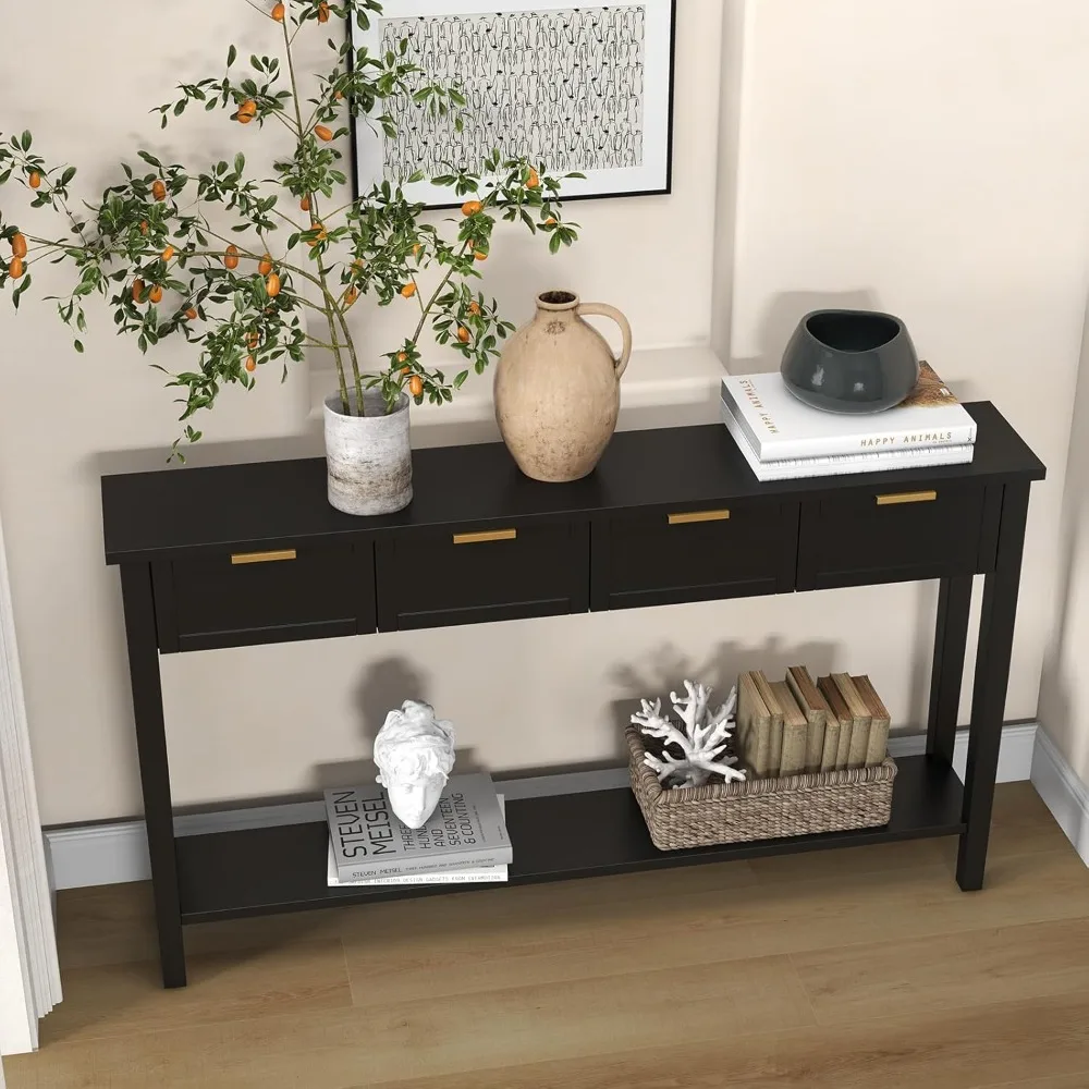 60” Long Black Console Table with 4 Drawers, 2-Tier Foyer Cabinet, Narrow Entryway Table with Storage Shelf