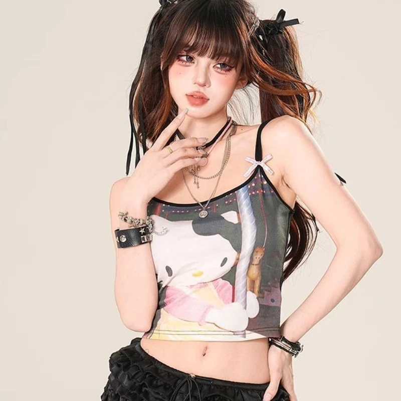 Sanrio Hello Kitty camiseta sin mangas de dibujos animados mujer Sexy camisola sin mangas chaleco moda de verano chicas calientes Midriff-baring Tops cortos regalos