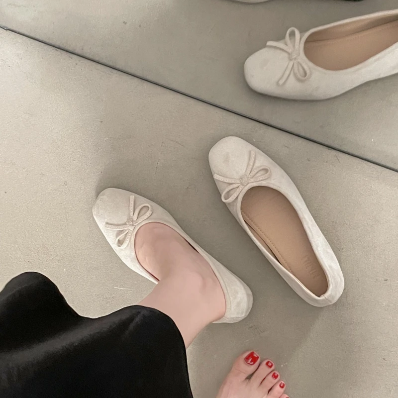 *Newly Arrived Spring Square Toe Comfortable Casual Solid Color Women's Shoes Elegant Shallow Mouth Breathable Bow Flat Shoes
