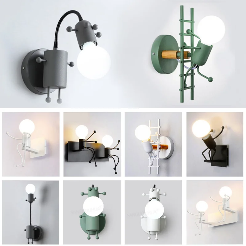 Nordic Creative Cartoon Character Wall Lamp, Bedroom Bedside Lamp, Wrought Iron Children'S Room Decoration Art