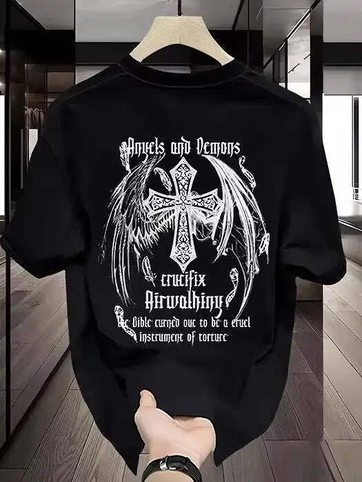 2026 Hip-Hop Style Black Short-Sleeved T-Shirt for Men and Women, Trendy Cross-Design Print, New Fashion Round-neck Top