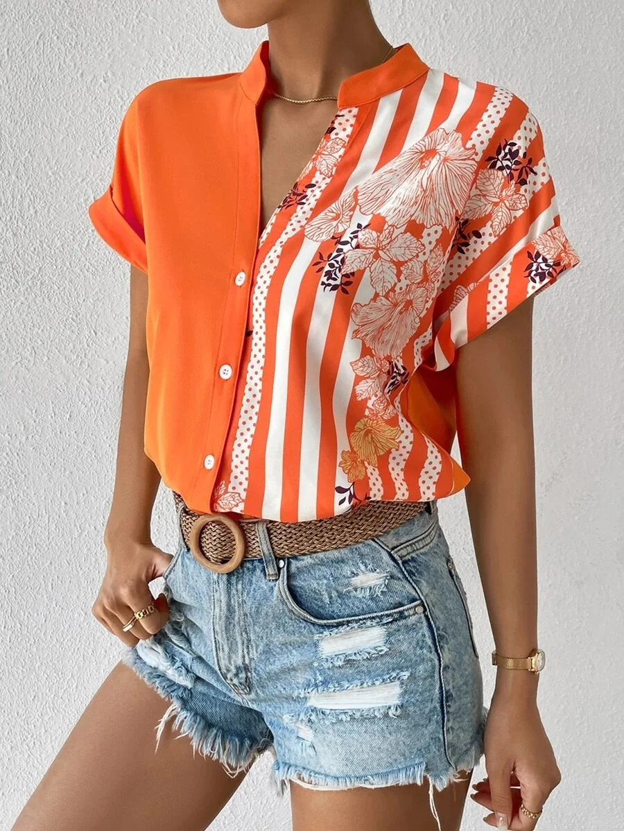 

Office Lady Elegant Color Matching Print Shirt Blouse Women Casual Short Sleeve Button Shirt For Women 2023 Summer new Top Femme