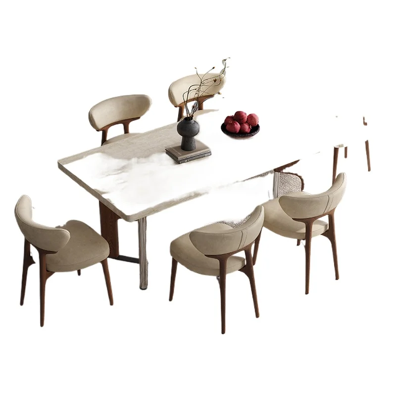 French retro travertine rock slab dining table and chairs, solid wood home high-end villas hang rectangular dining tables
