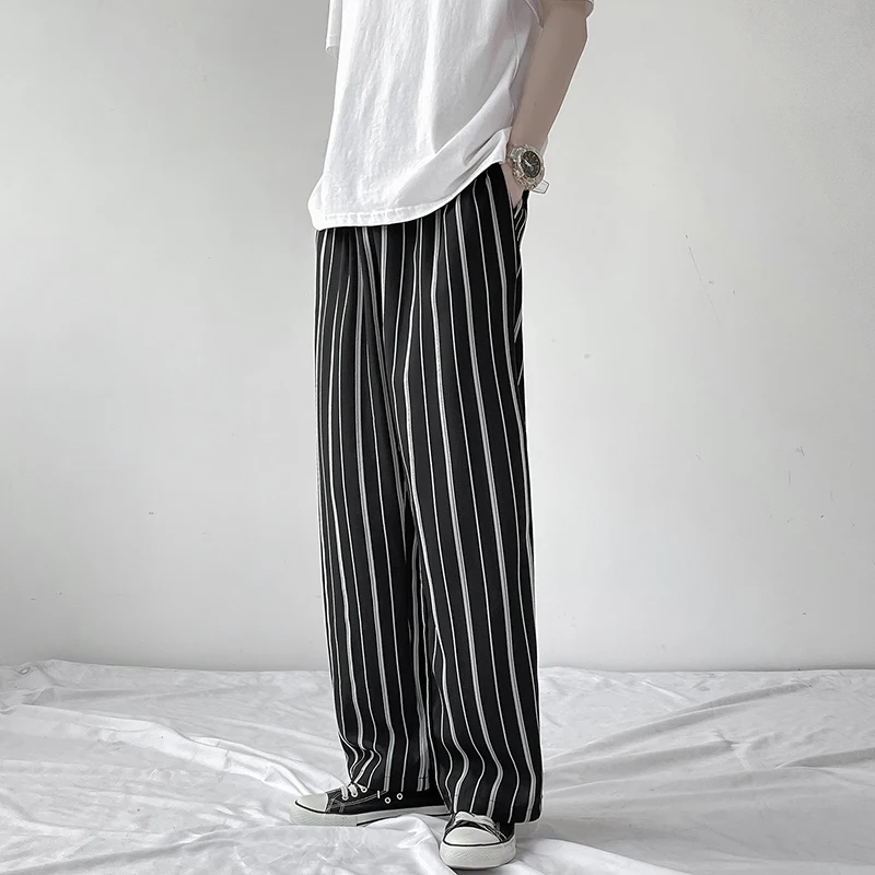 Striped Pants Men Wide Leg Loose Ankle Length Cozy Leisure All-match Spring Summer Simple Daily Stretchy Teenagers Handsome Ins