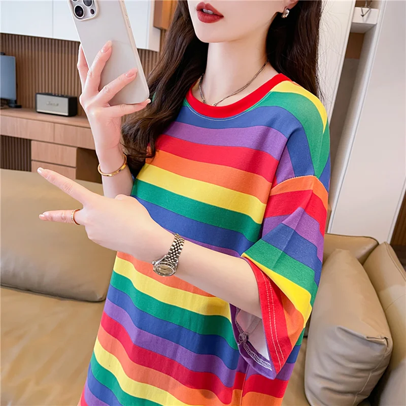 Rainbow Stripes Korean Style Women's T-shirt Half Sleeve Mid-Length Summer Fashion Loose Fit round Neck Print Casual Top