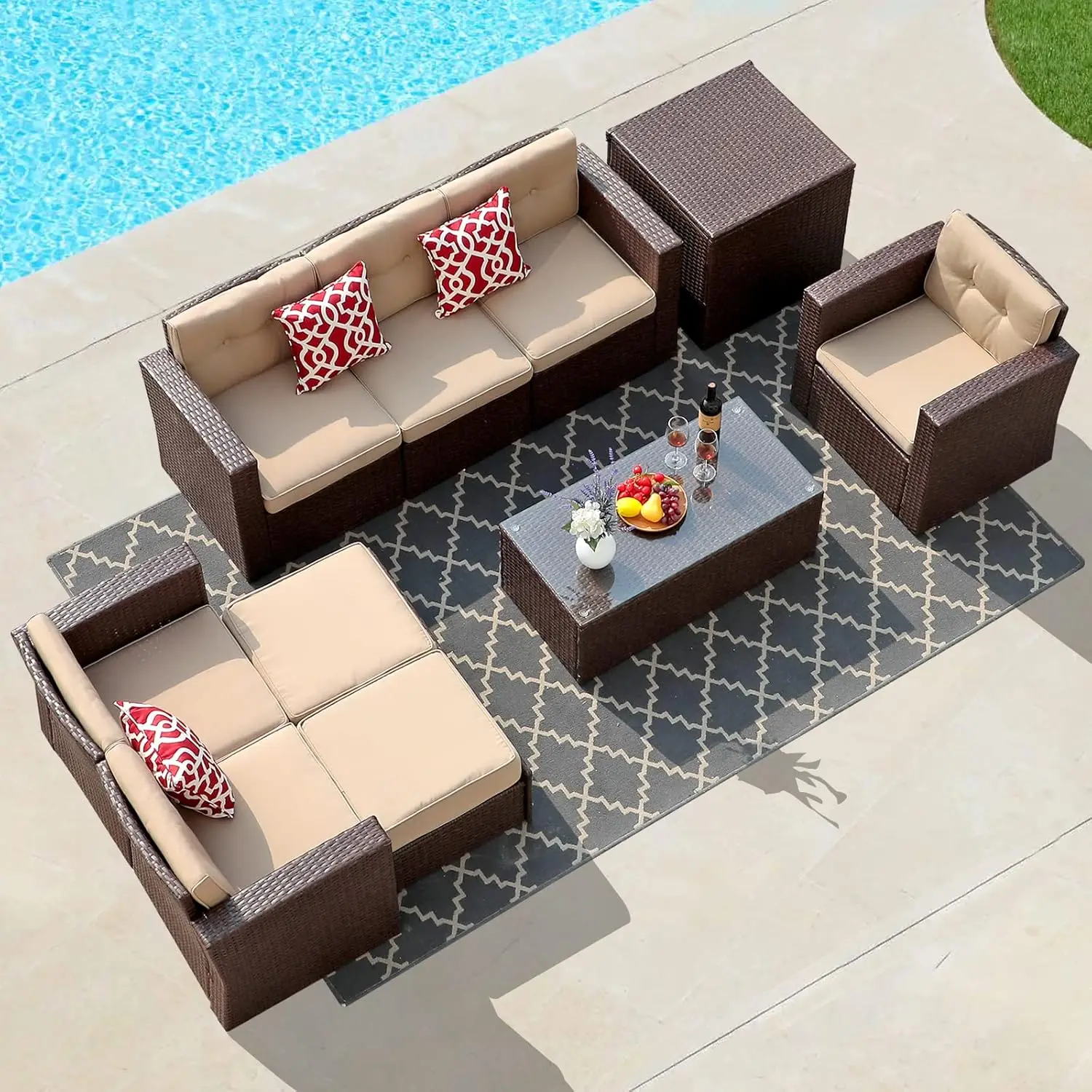 10 Piece Patio Furniture Set with Storage Box and Ottomans, Rattan Outdoor Conversation Set with Tempered Glass Coffee Table,