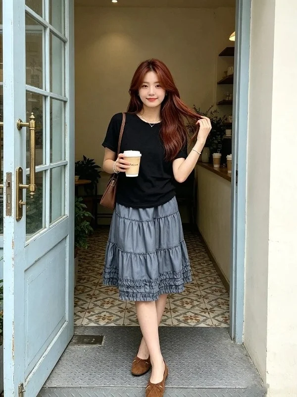 

High Waist Grey Wooden Half Skirt Women's plus Size Casual Style Summer A-Line Midi Skirt Slimming Versatile