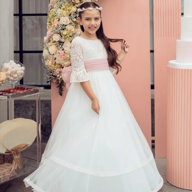 

Flower Girl Dresses White Tulle Satin Lace Flory Appliques With Pink Belt Half Sleeve For Wedding Birthday Banquet Princess Gown
