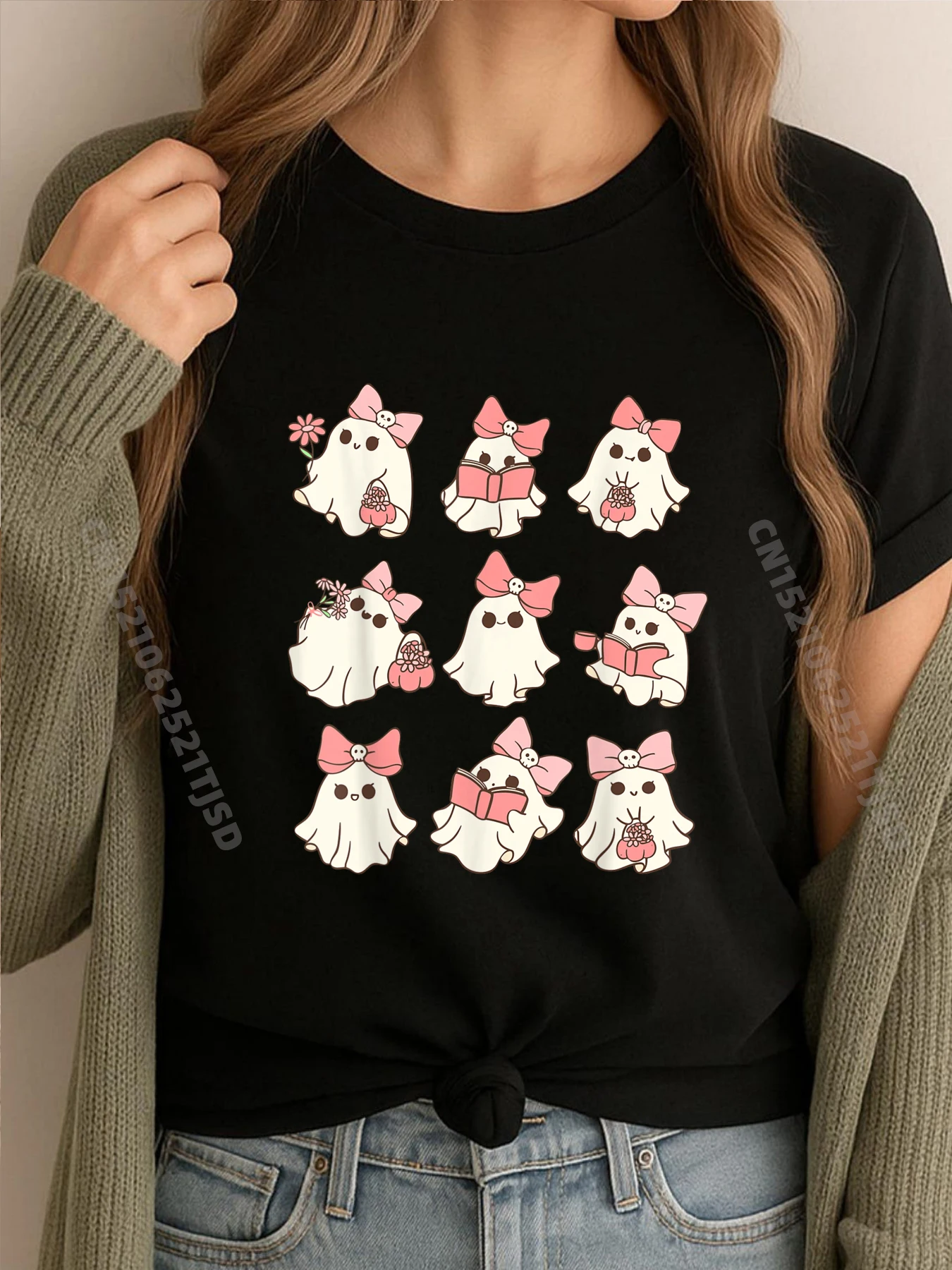 

Милая розовая футболка с призраком для чтения книг на Хэллоуин, роскошная женская футболка высокого качества, Новый год
