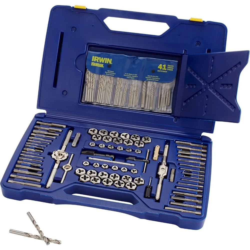 117-Piece Comprehensive Machine Screw, Tap, Hex Die, and Drill Bit Set in Silver and Blue