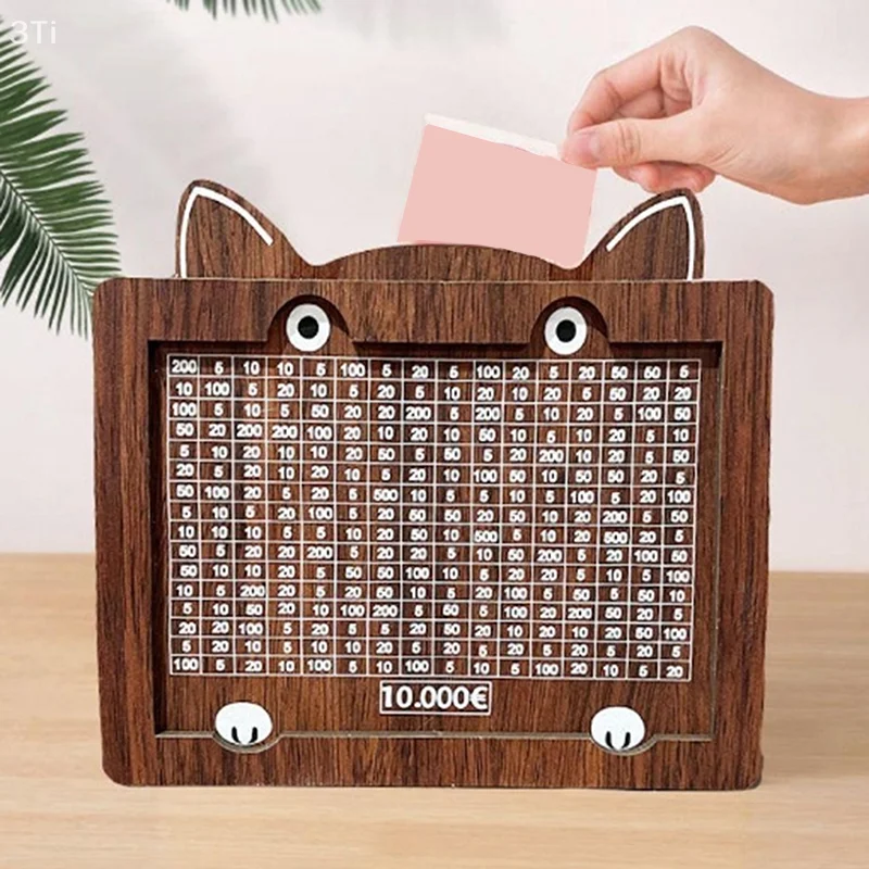 Banca di immagazzinaggio di denaro in legno riutilizzabile da 1 pezzo con obiettivi Scatola di risparmio di denaro per gatti Scatola di immagazzinaggio di monete per adulti e bambini
