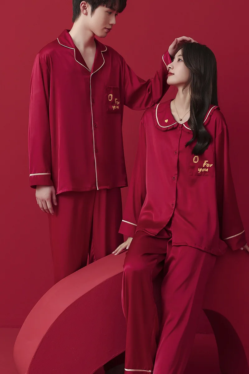 Couple Pajamas for Men and Women, Red Wedding Sleepwear, Turn-Down Collars, Long Sleeve Pants, Pyjama Sets, Nightwear Suit