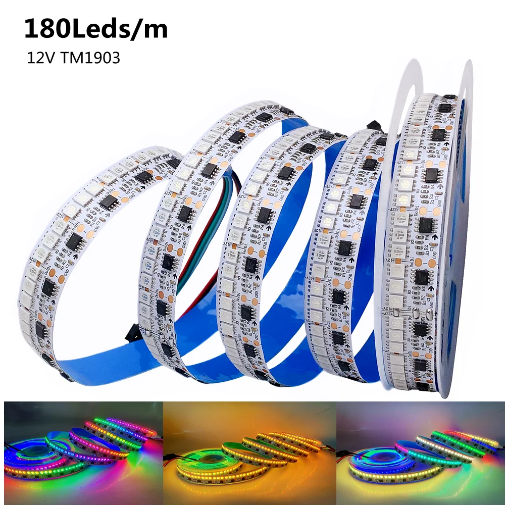 WS2811 Rainbow Led Strip TM1903 RGB Addressable Smart Led Pixel Lights White PCB IP30 Waterproof 0.2W/LED DC12V 5M 180Leds/M