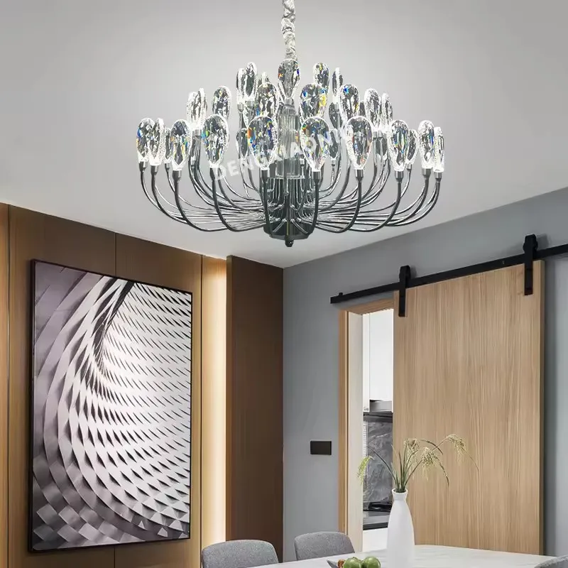 Modern LED Chandelier Lights Luxury Large Hanging Light Long Section Crystal Chandelier Glass Parlor Living Room Indoor Lighting