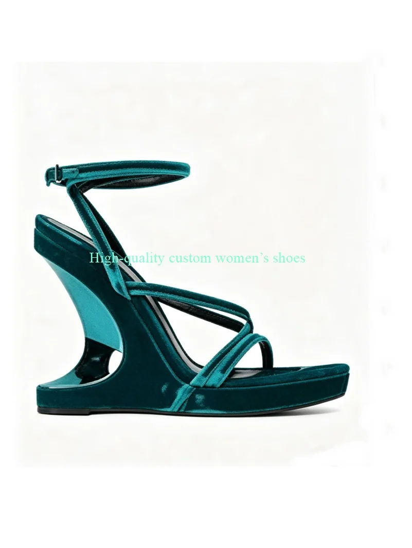 Purple New Model Velvet Fabric Unique Heels Women's Sandals Pointed Toes Ankle Buckle Luxury High Heels Manual Banquet High Heel