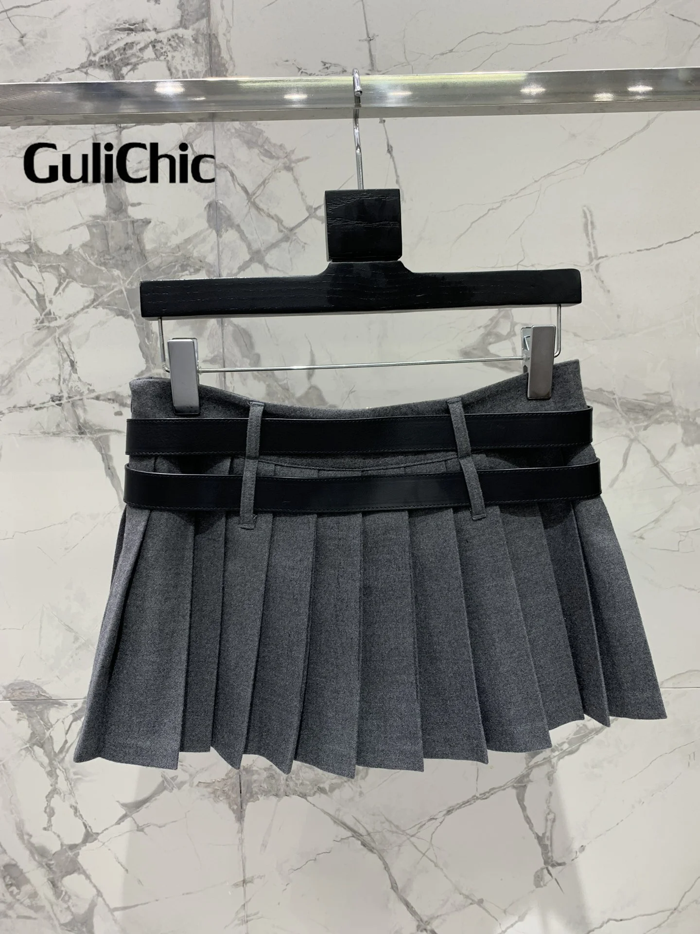 8.14 GuliChic Women High Quality Temperament Fashion Double Belt Design Side Split Pleated Long SKirt Or Mini Skirt