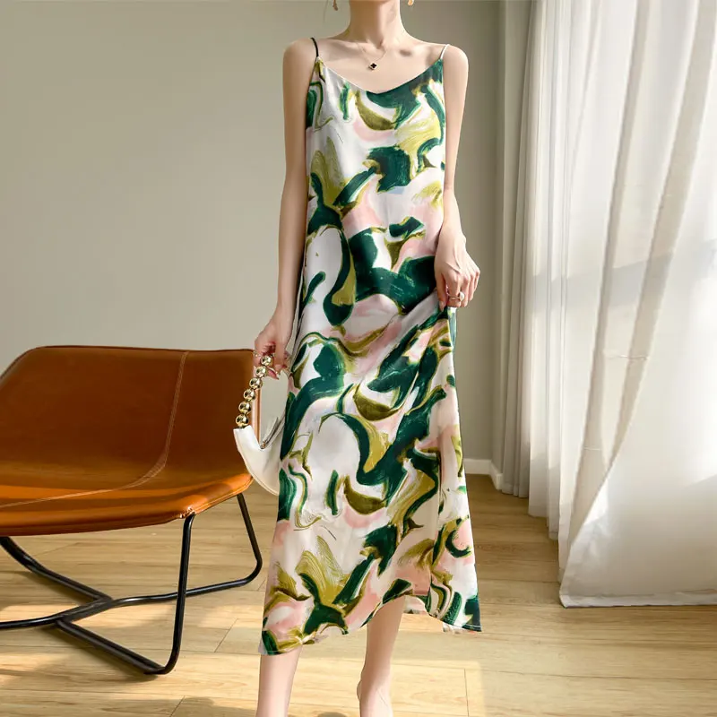 Summer V-neck Fashion Print Suspender Dress Female Sleeveless Temperament Joker Satin Bottoming Vest Dress