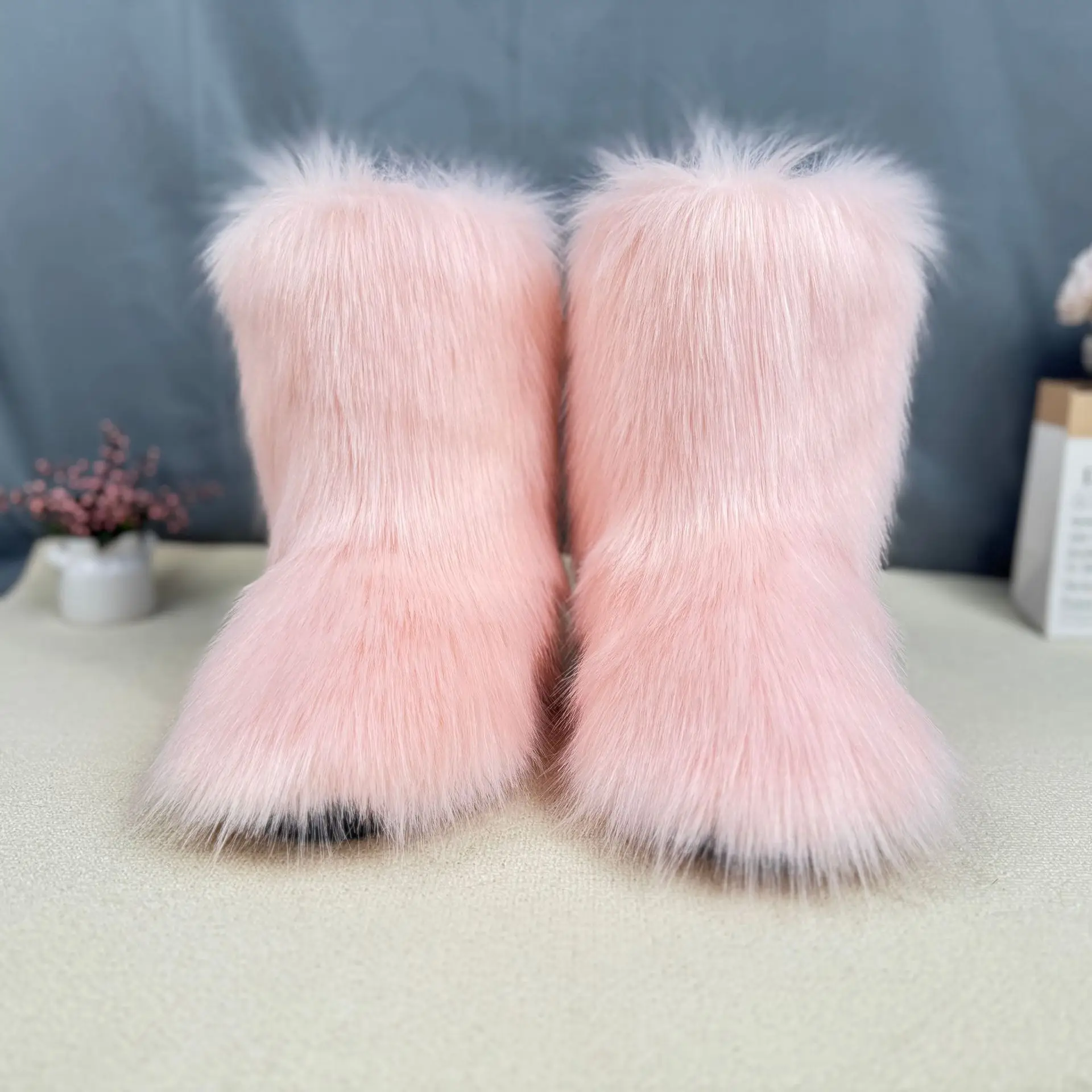 Winter men's and women's shoes fashionable fluffy imitation fox fur boots plush warm snow boots furry fur boots Cosplay shoes