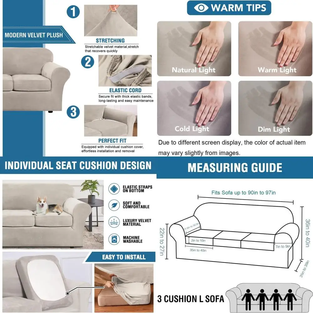 

Velvet 4-Piece Stretch Sofa Cover - Form-Fitting Protector for Extra Large 3-Cushion Couches up to 97 Wide in French Oak Color (