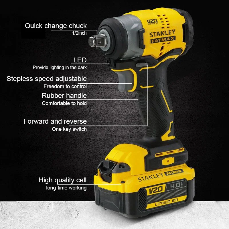 Stanley Cordless Impact Wrench Brushless Motor Rubber Hand SBW910 20V Torque 280Nm 2800rpm 3500bpm PowerShare Battery Platform