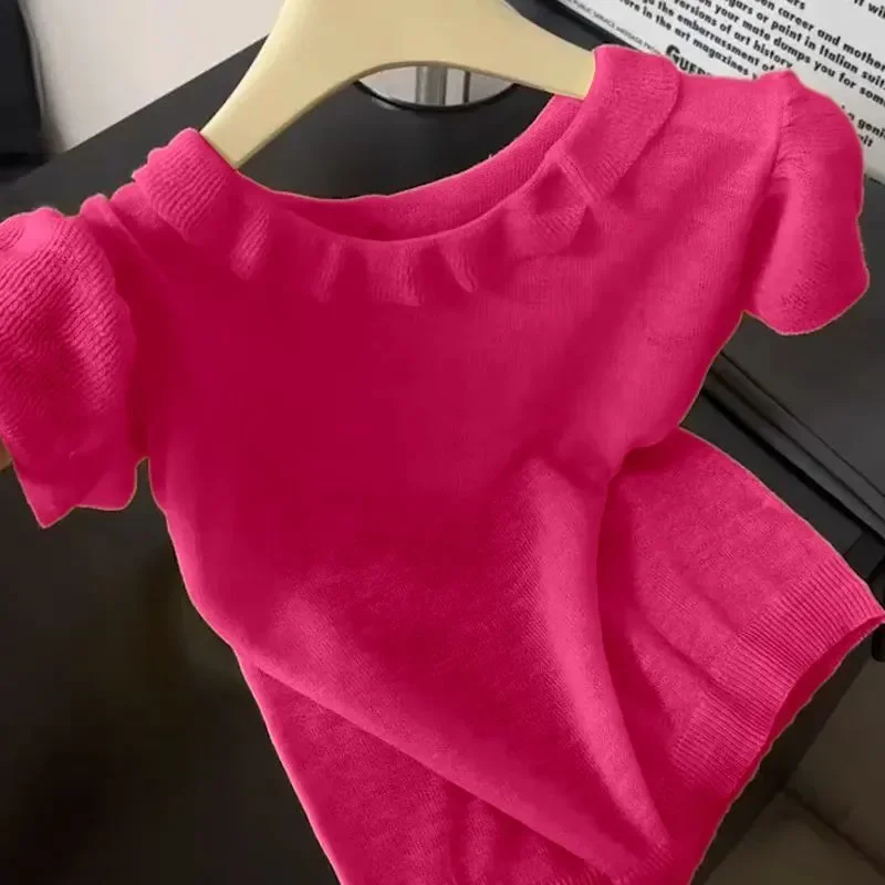 Pink Solid Color Knit T-Shirt with Puff Sleeves and Ruffled Neckline Casual Summer Top for Women